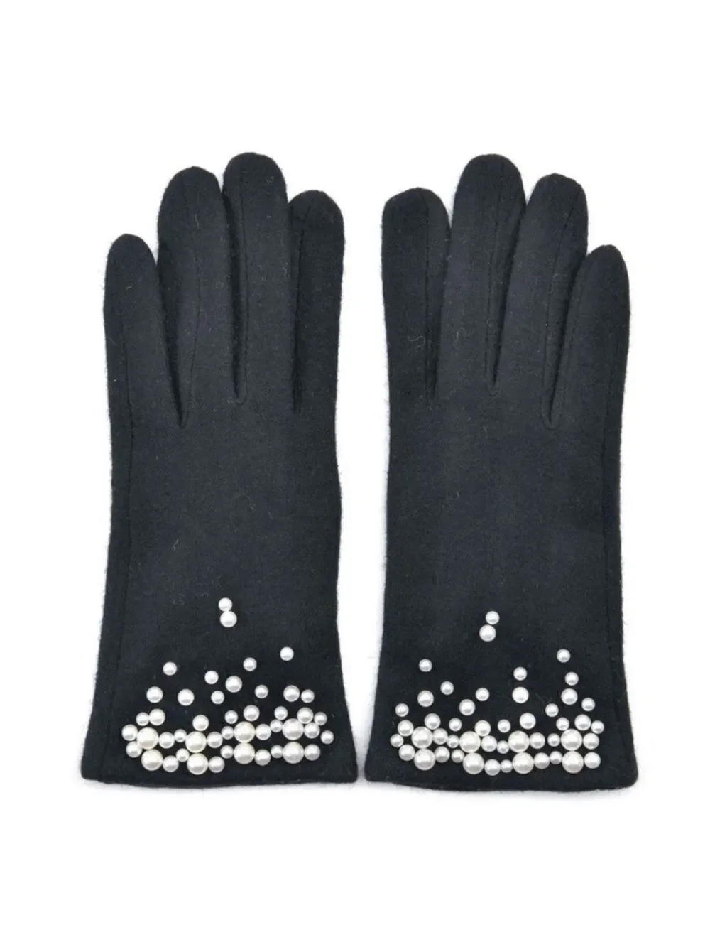 Black Cashmere Blend Fine Knit Faux Pearl Beaded Fleece Lined E Tip Gloves